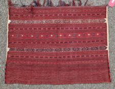 Yomut Turkmen flat woven 'Kizal' chuval with burgundy ground, with nine borders with red, blue,