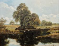 Probably Frederick Hines (act. 1875-1928)  Oil on canvas Swans in lakeside landscape, signed lower