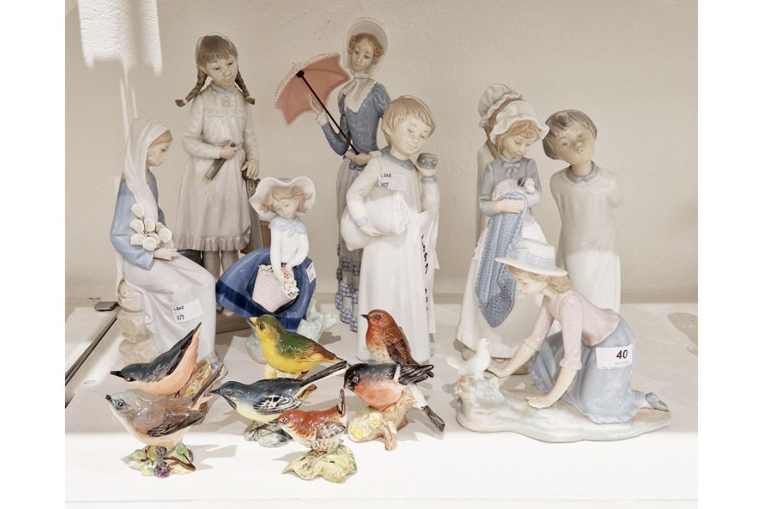 Lladro figure of girl with cello, another Edwardian-style lady with parasol, another girl seated - Image 1 of 13