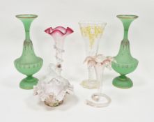 Pair of late 19th century frosted opaque green glass vases, of waisted baluster form, enamelled with