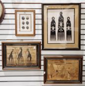 Set of three African Ashanti wooden carved combs, largest 35cm high, mounted, framed and glazed as a