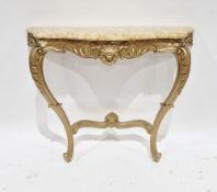 20th century gilt finished wall mounted console table in the rococo manner, with a shaped marble