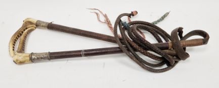 Two Swaine & Adeney hunting crops with antler handles, silver collars (hallmarks rubbed) and plaited