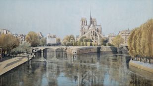 John Doyle (b.1928) Watercolour View of Notre Dame from La Quai de la Tournelle, Paris, signed lower