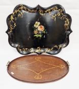 Large 19th century black lacquered papiermache tray, with shaped moulded edge, hand decorated with