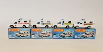 Four boxed Matchbox Superfast 75 series diecast models No.41 Ambulance to include Pacific Ambulance,