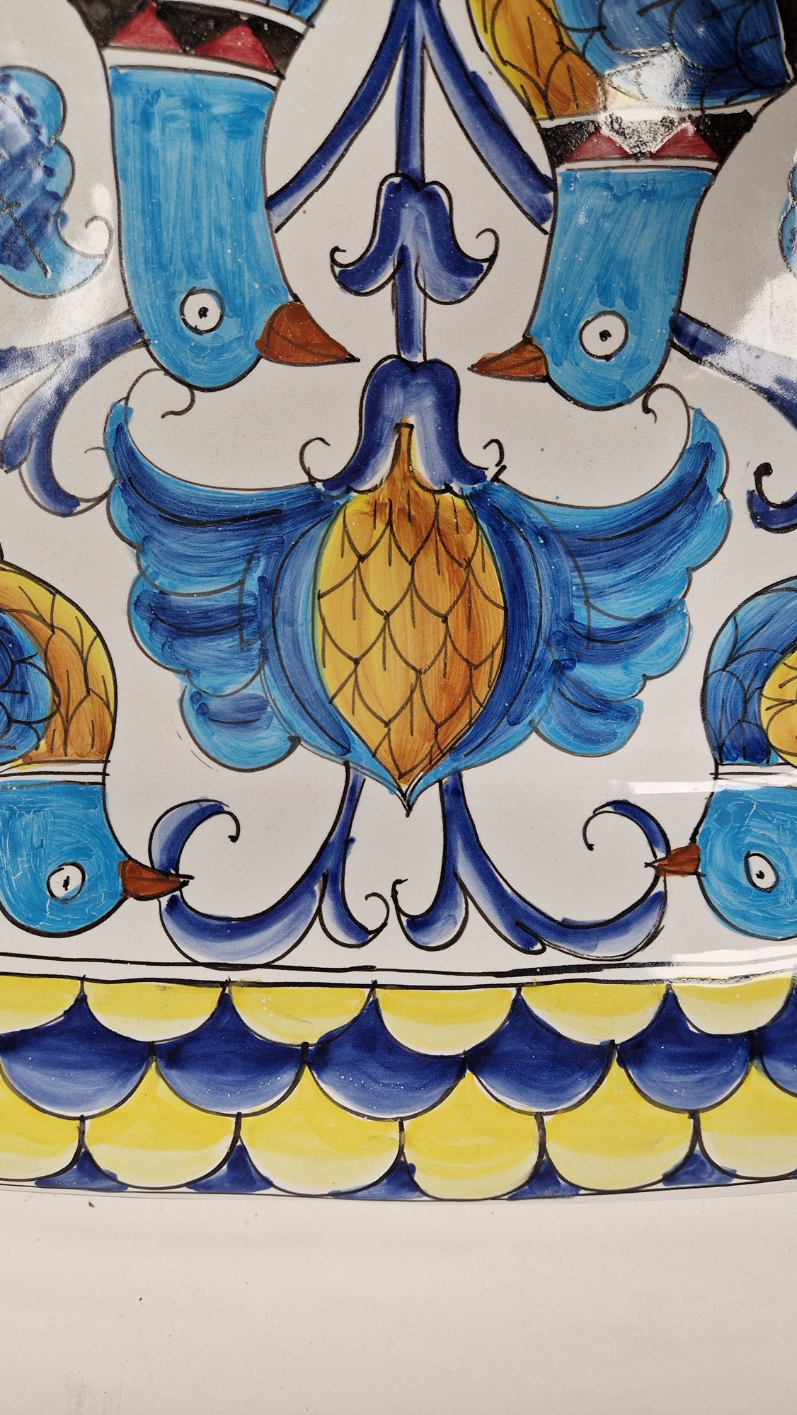 Italian pottery large charger, rounded square and decorated in bright polychrome colours with - Image 7 of 16