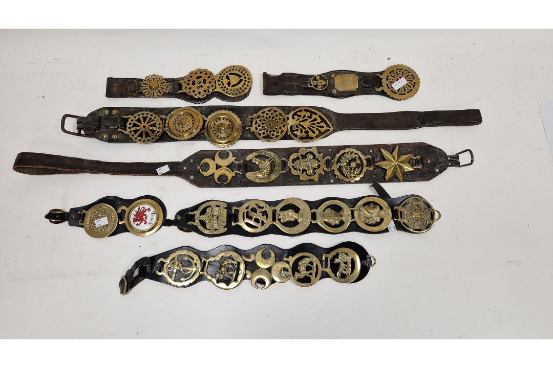 Collection of ten leather horse straps mounted with approximately forty six horse brasses, some - Image 2 of 3