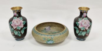 Pair Japanese cloisonne enamel vases, each shouldered ovoid with chrysanthemum decoration on a black