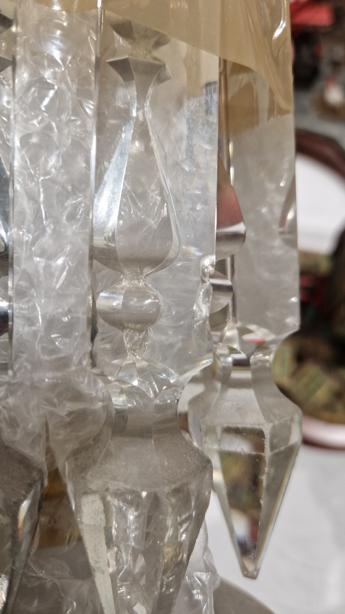 Two Victorian frosted opaque and gilt glass lustres, suspending pendant drops, four clear glass - Image 10 of 23