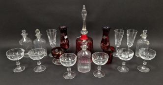 Six contemporary engraved glass champagne coupes, three Waterford cut-glass flutes, four early