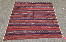 Uzbek Gajeri flat woven cover with brown, mustard, blue and cream 50 geometric designs, 176cm x