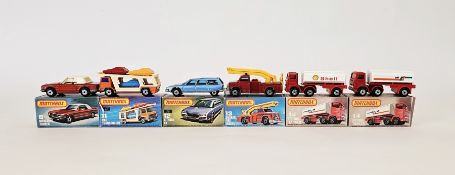 Six boxed Matchbox Superfast 75 series diecast model cars to include No.6 Mercedes Tourer, No. 11