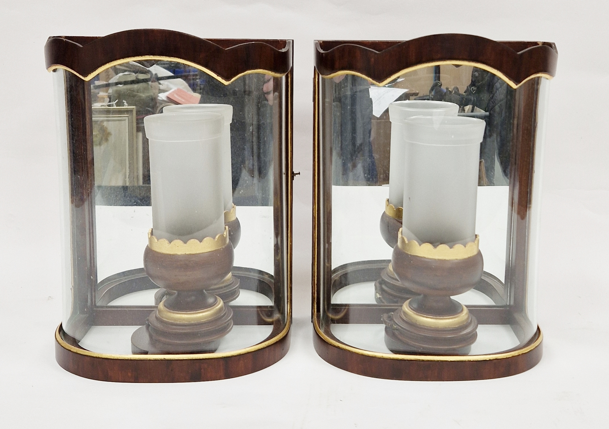 Pair of Colefax & Fowler convex electric wall lanterns, faux bois with gilt details and glass