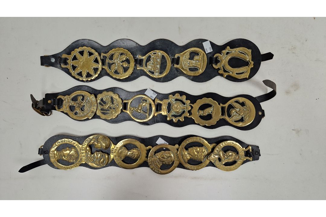 Collection of ten leather horse straps mounted with approximately forty six horse brasses, some - Image 3 of 3