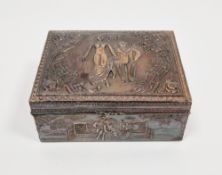 Mid-century metal relief humorous erotic box, the lid featuring a man and a woman exclaiming 'Oh!'