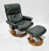 Norwegian Ekornes green leather Stressless lounge chair and matching footstool, both raised on