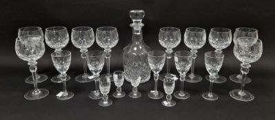 Set of 10 cut and etched glass hocks, five similar small wines, four Waterford cut liqueurs and a