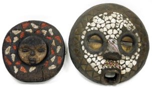 Tribal shield wooden face mask with shell and bead inlay, possibly Congo Baluba, 31cm diameter