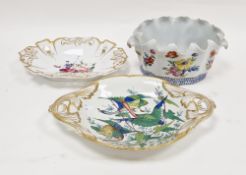Continental porcelain cache-pot, oval and with wavy rim, floral spray decoration, two-handled,