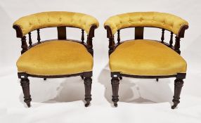Pair of Victorian mahogany framed tub chairs, the buttoned upholstered top rail and stuffover