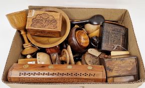 Collection of treen wooden boxes, wooden figures and other items including a brass inlaid pierced