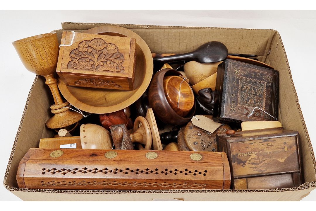 Collection of treen wooden boxes, wooden figures and other items including a brass inlaid pierced