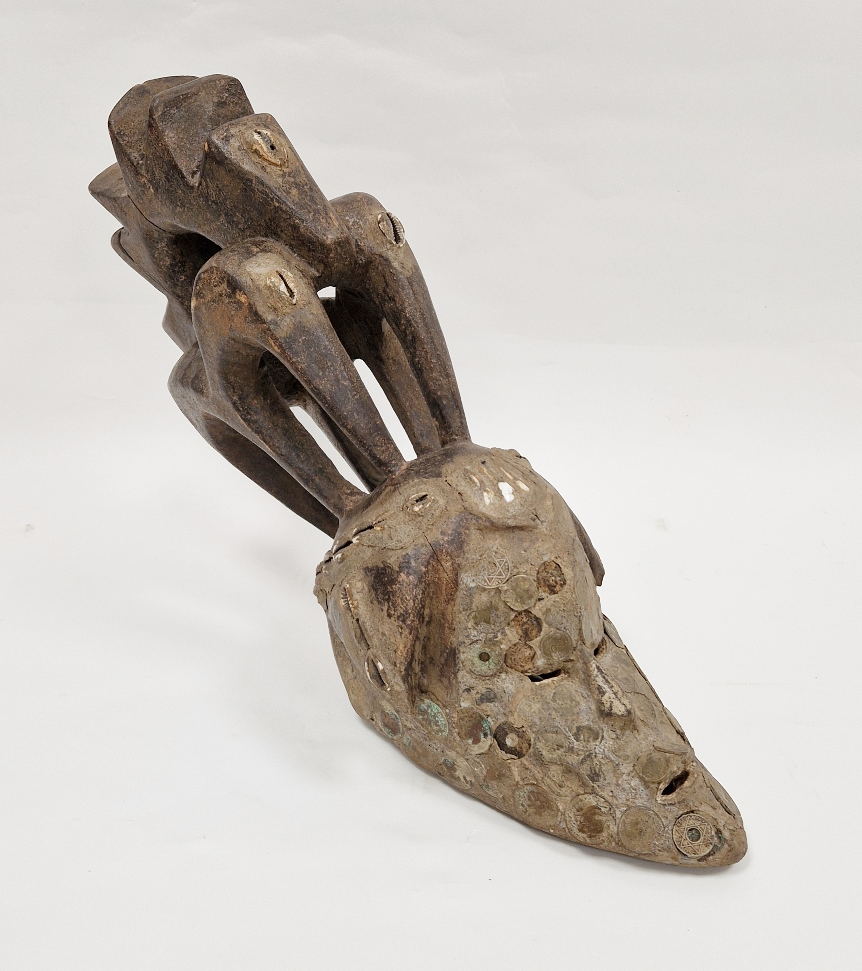 African tribal wooden face mask with integrated carved head piece, possibly Igbo, the long elongated - Image 4 of 4