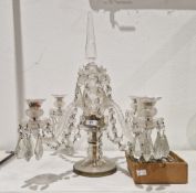 19th century glass four-branch table candelabrum with a faceted inverted tapering finial, the four
