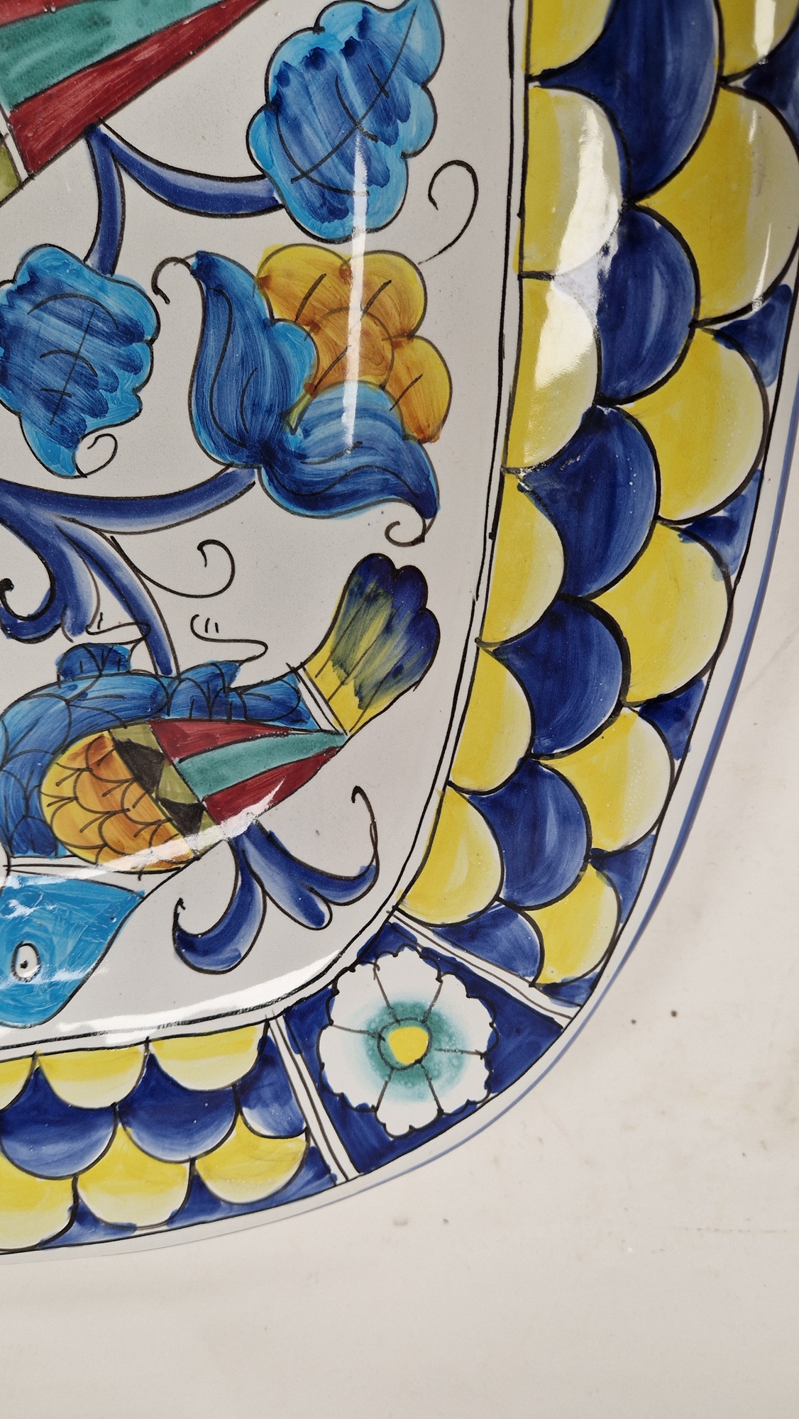 Italian pottery large charger, rounded square and decorated in bright polychrome colours with - Image 8 of 16