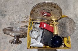 Silver plated tray of circular form with pierced gallery, a cased set of silver plated coffee spoons