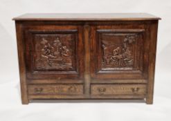 18th century style oak Flemish mule chest, the rectangular top with thumbmoulded edge, the front