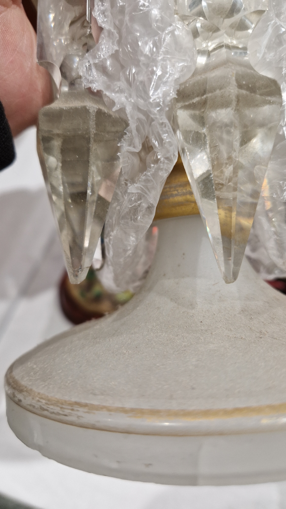 Two Victorian frosted opaque and gilt glass lustres, suspending pendant drops, four clear glass - Image 9 of 23