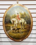 Modern oval domed decorative panel depicting a huntsman on horse with hounds, within a gilt