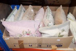 A quantity of embroidered cushions, mostly bearing floral designs (1 box) Property of Dunkirk Manor,