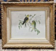 Oleograph of cock and hen pheasant seated on a branch, a framed print of two birds seated on rose