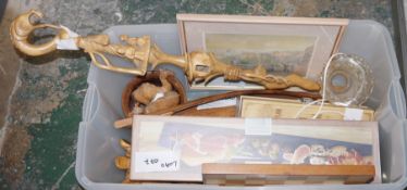 Collection of African and ethnic wooden carved animals, chess board, boxed serving planter, picture,