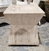 Traventine stone square form hour glass shaped side table on wheels