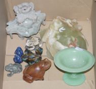 A green hardstone lidded incense burner, an opaque glass footed bowl and a small quantity of frog