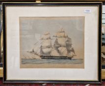 Colour print showing three-masted sailing ship in full sail 'Corvettes', framed and glazed, a