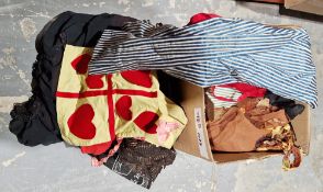 Box of children's fancy dress to include a monkey, 'The Queen of Hearts' and others, a black mink