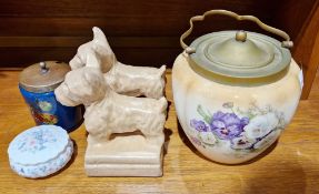 Pair of pottery dogs on integral stands, a Wedgwood Angela lidded pin dish, a DG Ware lidded glass