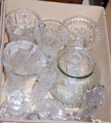 Quantity of cut and moulded glass to include candlesticks, bowls, flower vases, etc (3 boxes)