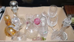 A quantity of moulded glass to include ewers, decanters, sherry glasses, tumblers etc, some with
