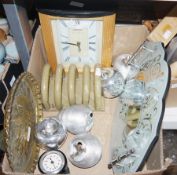 Assorted items to include a brown glazed studio pottery toast rack, a copper embossed tray with