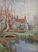 Unattributed Watercolour drawing House by a stream, with a female figure leaning over a wall looking