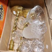 19th century glass rummer, 9 glass custard cups, other glass ware and pair of brass twisted