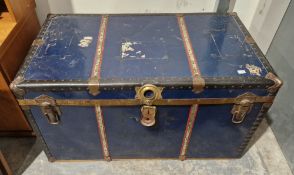 Large metal, brass and leather bound travelling trunk in blue  Property of Dunkirk Manor,