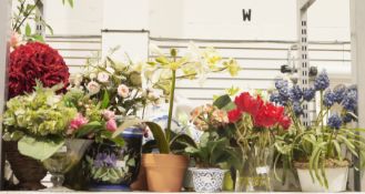 A quantity of faux floral arrangements, most contained within glass or ceramic containers to include