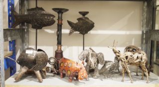 Quantity of metal African animals, some constructed from scrap metal, to include pair of